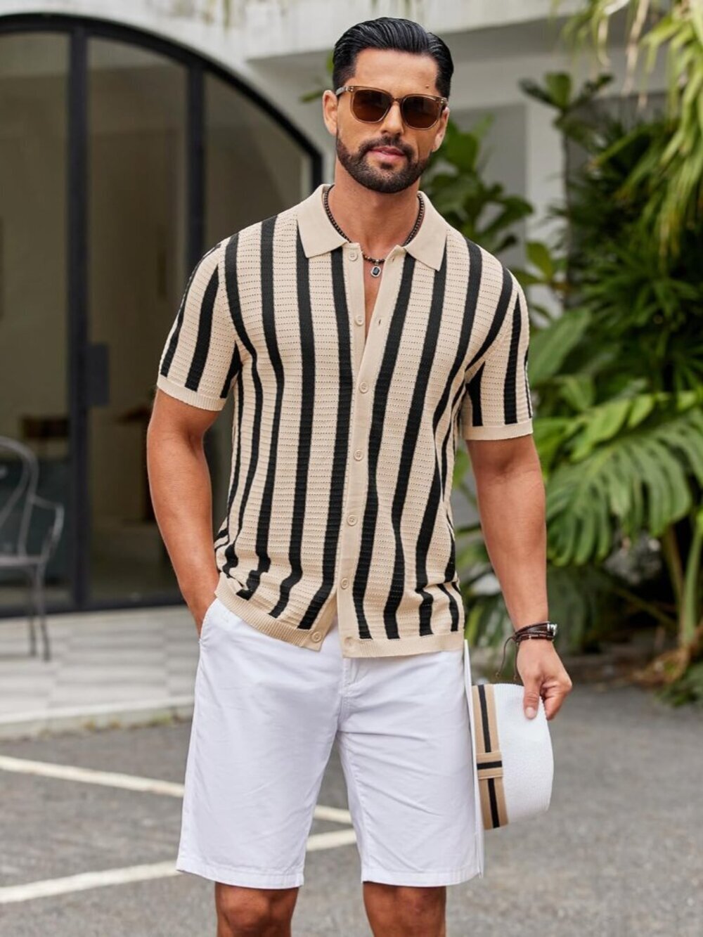 Men's Black Knit Striped Polo Short Sleeve Summer Beach Casual Shirt - Picture 4 of 6